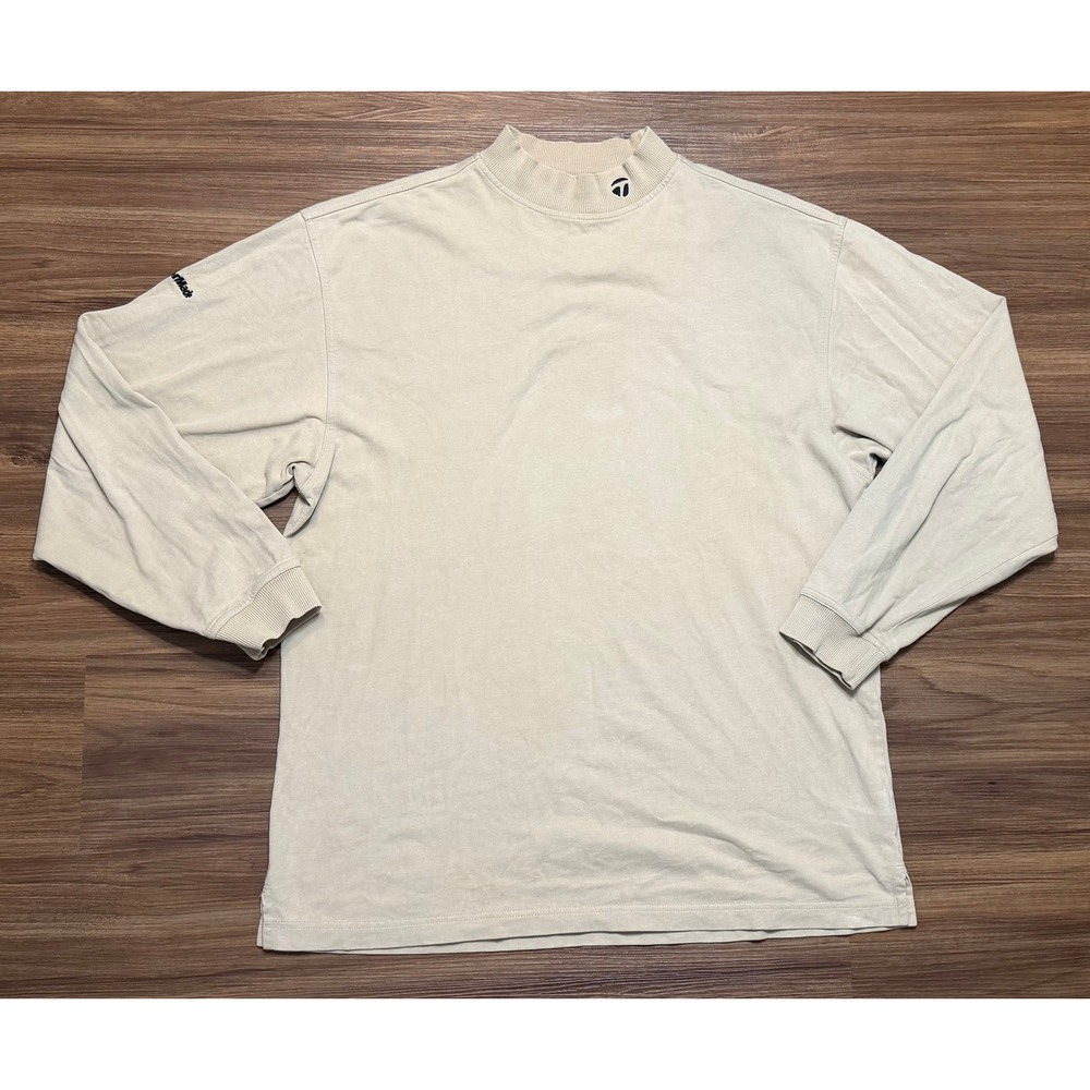 VTG TaylorMade Mens Long Sleeve Mock Neck Golf Shirt Tan Beige Logo Size Large